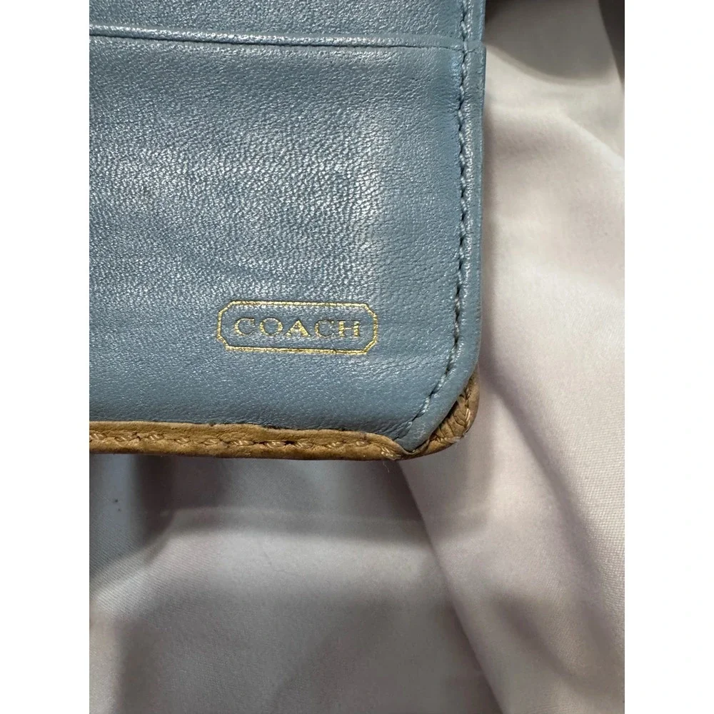 Coach Signature C Jacquard Turnlock Trifold Wallet Brown Tan Light Blue Interior